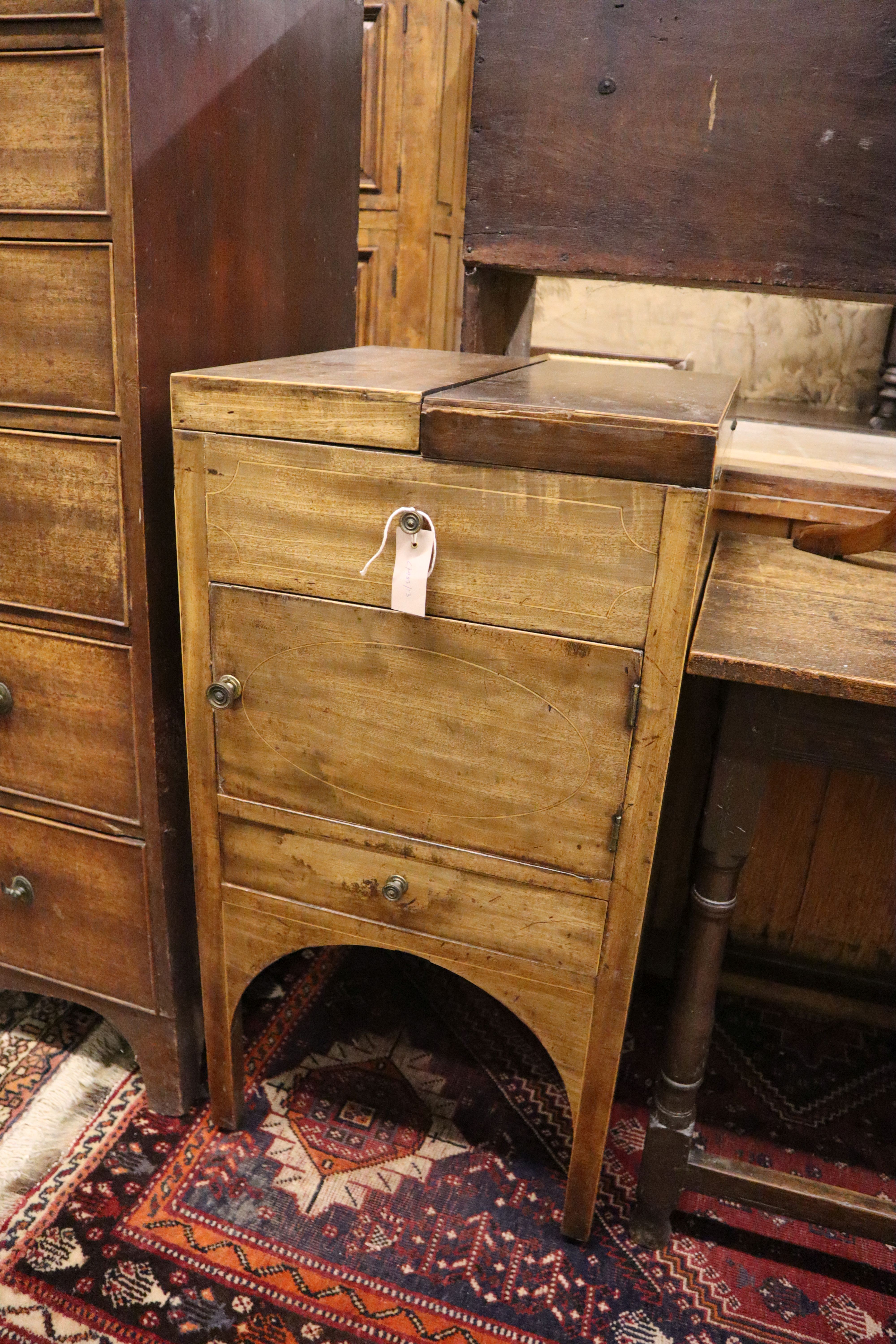 A George III inlaid mahogany enclosed washstand, width 46cm, depth 46cm, height 88cm